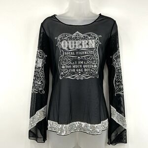 Love Amour Top Women's M Black VTG Y2K Goth Punk Sheer Long Sleeve Mesh Sequins
